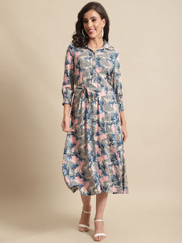 Cantabil - Women Multi-Color Viscose Printed Collar Neck Dress