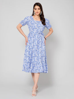 Cantabil - Women Blue Polycotton Printed Square Neck Dress