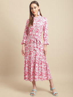 Cantabil - Women Red Rayon Printed Round Neck Dress