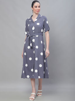 Cantabil - Women Grey Rayon Polka Dots Collar Neck Dress