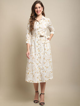 Cantabil - Women Ivory Cotton Printed Collar Neck Dress