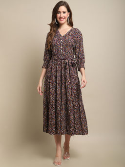 Cantabil - Women Wine Viscose Printed V-Neck Dress