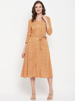 Cantabil - Women Orange Viscose Printed V-Neck Dress