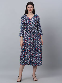 Cantabil - Women Blue Rayon Printed V-Neck Dress