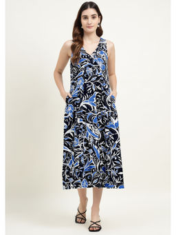 RANNG LABEL - Women Blue Viscose Printed V-Neck Dress