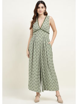 RANNG LABEL - Women Green Viscose Printed V-Neck Dress