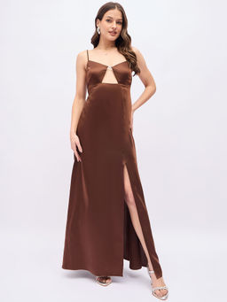 RANNG LABEL - Women Brown Viscose Solid Shoulder Straps Dress