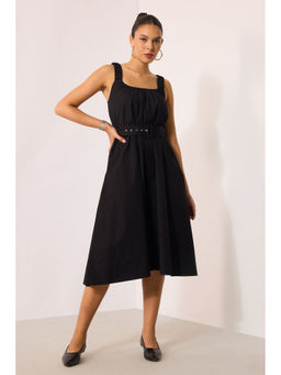 Virgio - Women Black Cotton Solid Square Neck Dress with Belt (Set of 2)