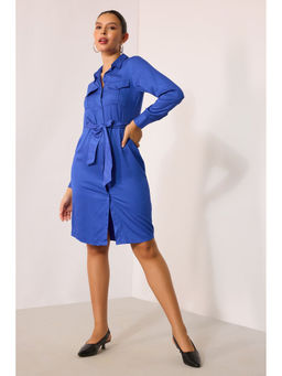 Virgio - Women Blue Viscose Solid Collar Neck Dress with Belt (Set of 2)