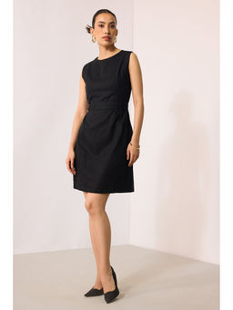 Virgio - Women Black Cotton Solid Round Neck Dress with Belt (Set of 2)
