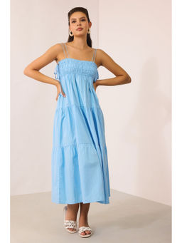 Virgio - Women Blue Cotton Solid Shoulder Straps Dress