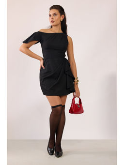 Virgio - Women Black Polyester Solid Asymmetrical Dress