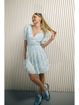 Virgio - Women Blue Polyester Floral V-Neck Dress