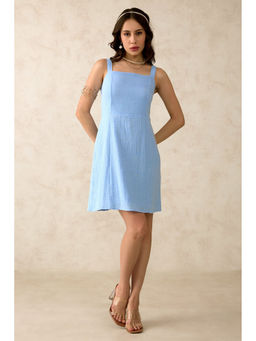 Virgio - Women Blue Cotton Textured Square Neck Dress