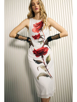 Virgio - Women Off White Polyester Floral Boat Neck Dress