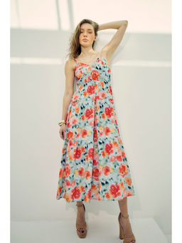 Virgio - Women Blue Cotton Floral V-Neck Dress