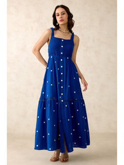 Virgio - Women Navy Blue Cotton Floral Square Neck Dress