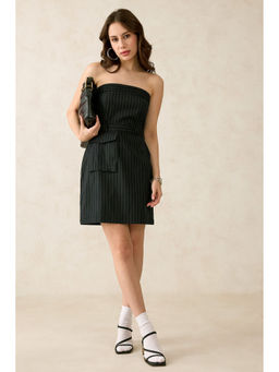 Virgio - Women Navy Blue Viscose Stripes Off Shoulder Dress