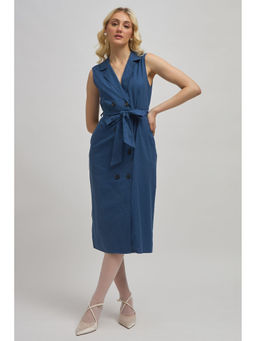 Virgio - Women Blue Polyester Solid Notched Lapel Dress with Belt (Set of 2)