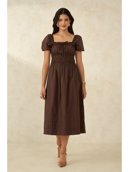 Virgio - Women Brown Cotton Solid Square Neck Dress