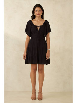 Virgio - Women Black Viscose Solid Tie Up Neck Dress