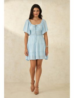 Virgio - Women Blue Viscose Solid Tie Up Neck Dress