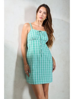 Virgio - Women Green Cotton Checks Tie Up Neck Dress