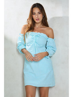Virgio - Women Blue Cotton Checks Off Shoulder Dress