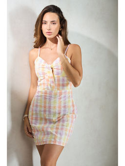 Virgio - Women Multi-Color Cotton Checks Sweetheart Dress