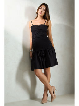 Virgio - Women Black Cotton Solid Sweetheart Dress
