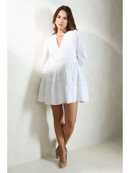 Virgio - Women White Cotton Solid V-Neck Dress