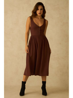 Virgio - Women Brown Viscose Solid V-Neck Dress