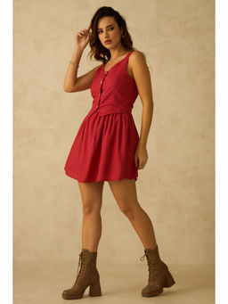 Virgio - Women Red Viscose Solid Round Neck Dress