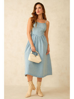 Virgio - Women Blue Cotton Solid Sweetheart Dress
