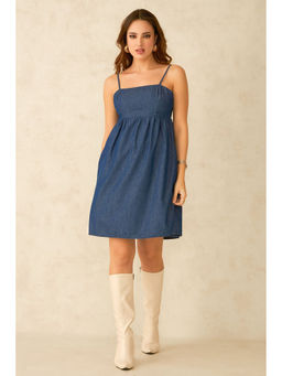 Virgio - Women Blue Cotton Solid Square Neck Dress