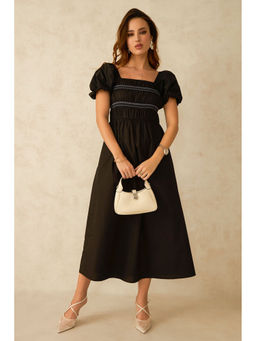 Virgio - Women Black Cotton Solid Square Neck Dress