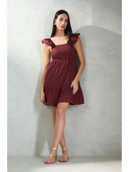 Virgio - Women Maroon Cotton Solid Square Neck Dress