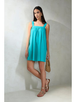 Virgio - Women Blue Cotton Solid Square Neck Dress