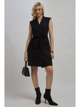 Virgio - Women Black Viscose Solid Peaked Lapel Dress with Belt (Set of 2)