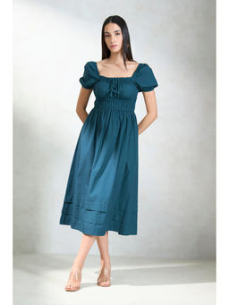 Virgio - Women Blue Cotton Solid Square Neck Dress
