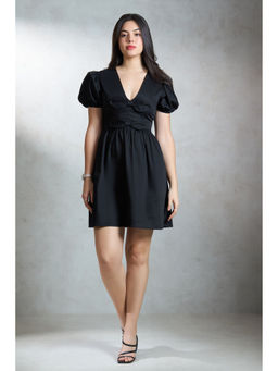 Virgio - Women Black Cotton Solid V-Neck Dress