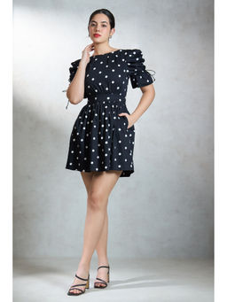Virgio - Women Black Cotton Polka Dots Boat Neck Dress