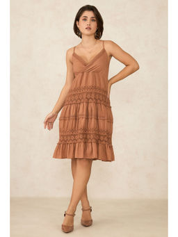 Virgio - Women Brown Cotton Solid Shoulder Straps Dress