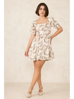 Virgio - Women Beige Cotton Printed Square Neck Dress