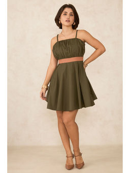 Virgio - Women Olive Cotton Colorblock Shoulder Straps Dress