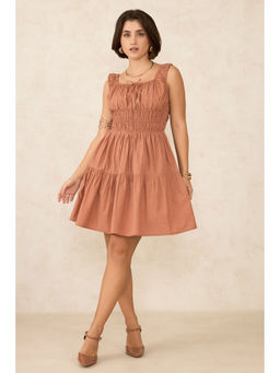 Virgio - Women Brown Cotton Solid Square Neck Dress