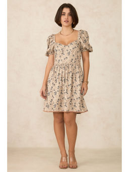 Virgio - Women Tan Linen Blend Floral Sweetheart Dress