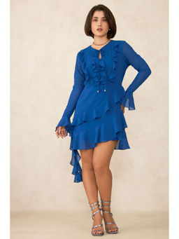 Virgio - Women Blue Polyester Solid V-Neck Dress