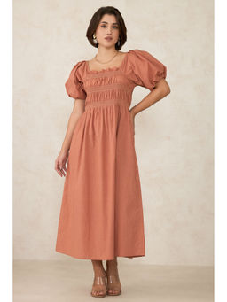 Virgio - Women Brown Cotton Solid Square Neck Dress