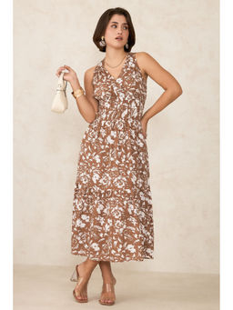 Virgio - Women Brown Viscose Floral V-Neck Dress